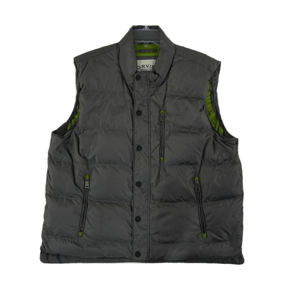 Orvis Down Puffer Vest Men's Size XL Gray Green Quilted Snap Front